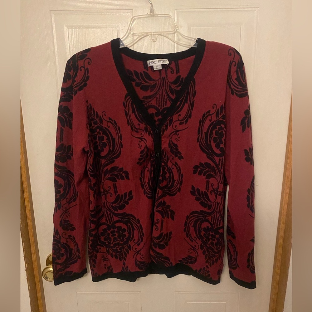 Pendleton Burgundy and Black Floral Wool Cardigan
